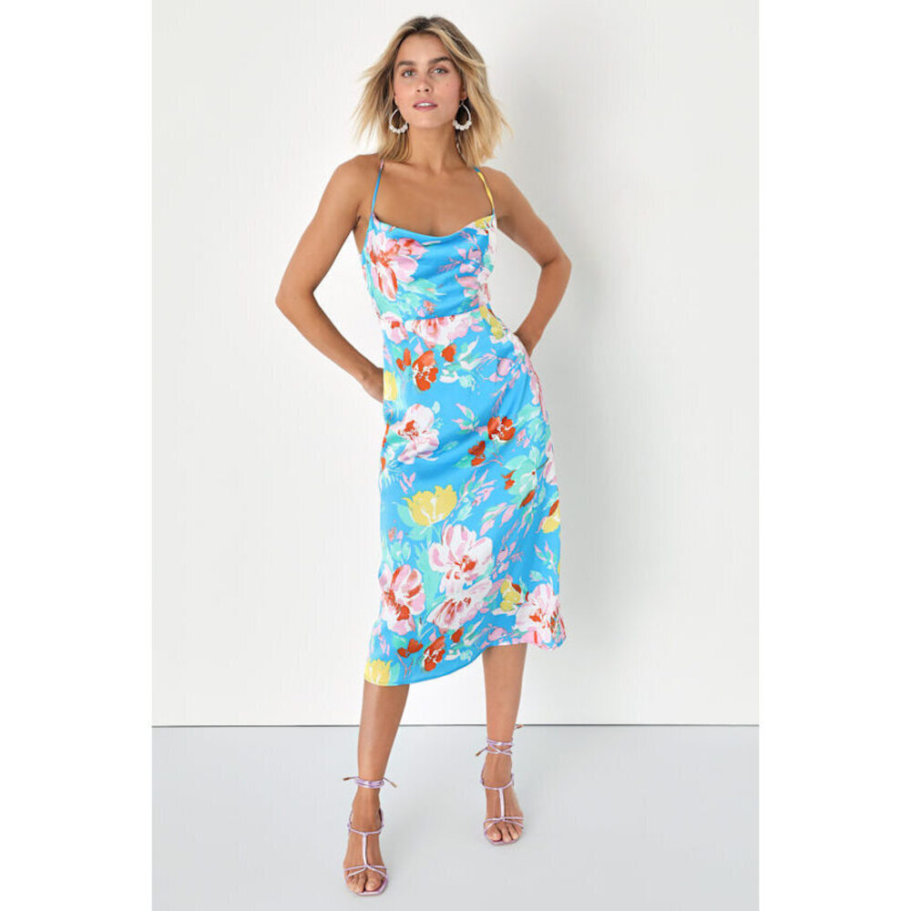 NWT Lulus Flowering Forever Blue Floral Cowl Neck Backless Midi Dress